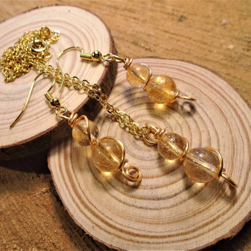 Handmade Wire Wrap Genuine Yellow Quartz Necklace & Earring Set Gold NWOT 2/$25